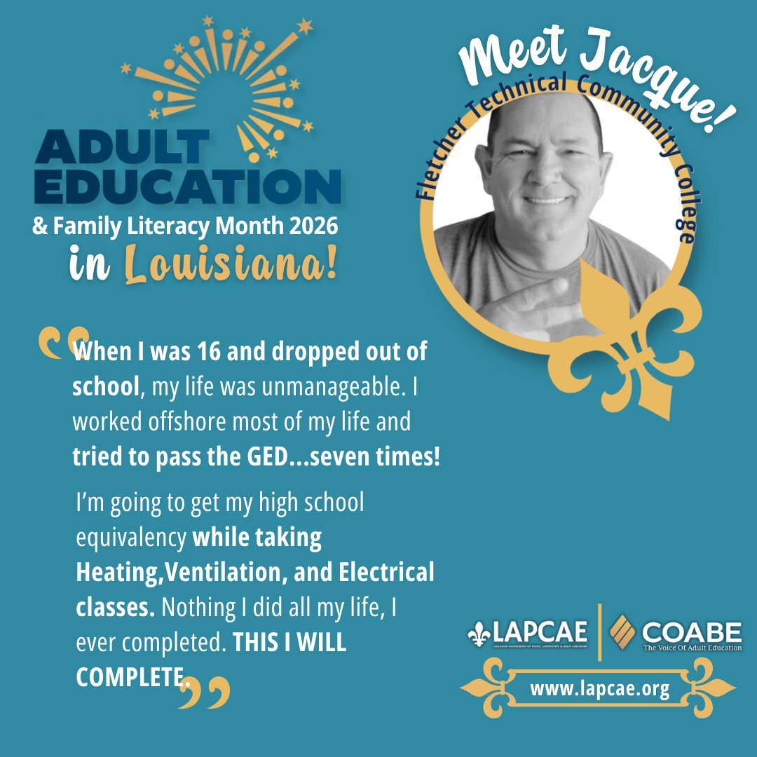 Meet Jacque, an adult learner at Fletcher Technical Community College. He says: "When I was 16 and dropped out of school, my life was unmanageable. I worked offshore most of my life and tried to pass the GED… seven times! I'm going to get my high school equivalency while taking Heating, Ventilation, and Electrical classes. Nothing I did all my life, I ever completed. This I will complete."