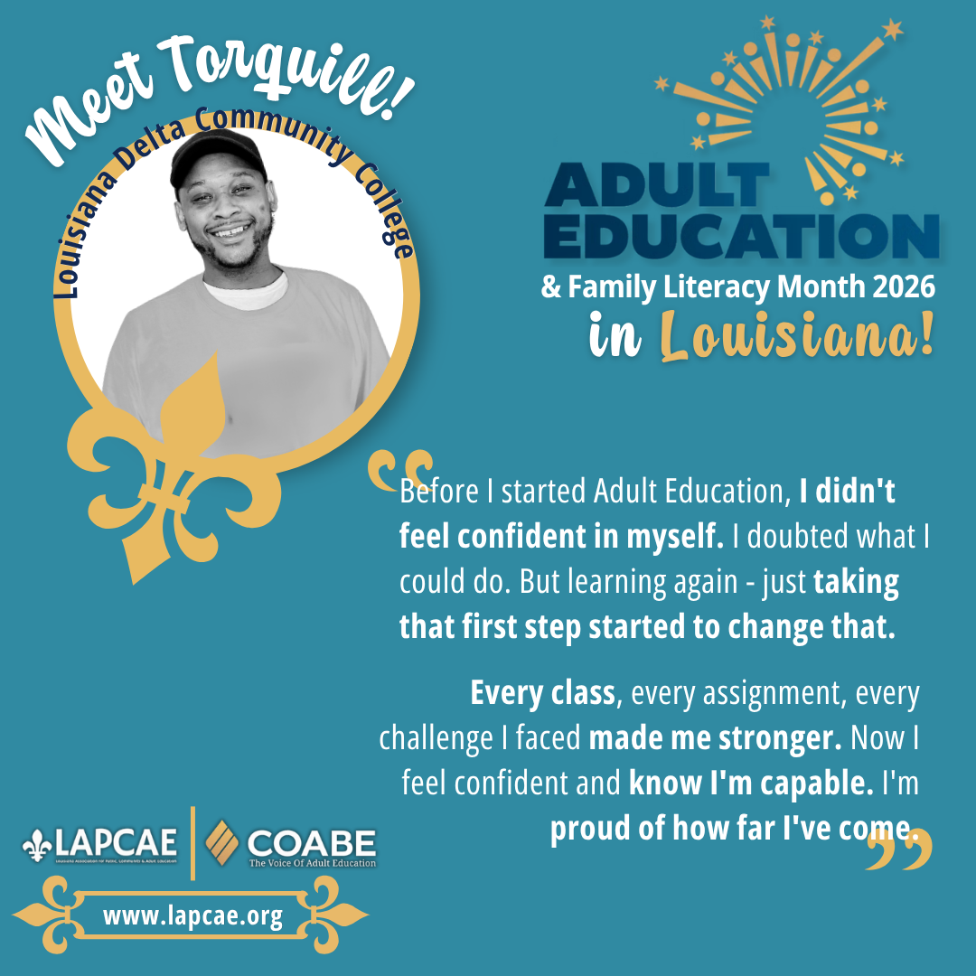 Meet Torquill, an adult learner at Louisiana Delta Community College. He says: "Before I started Adult Education, I didn't feel confident in myself. I doubted what I could do. But learning again — just taking that first step started to change that. Every class, every assignment, every challenge I faced made me stronger. Now I feel confident and know I'm capable. I'm proud of how far I've come."